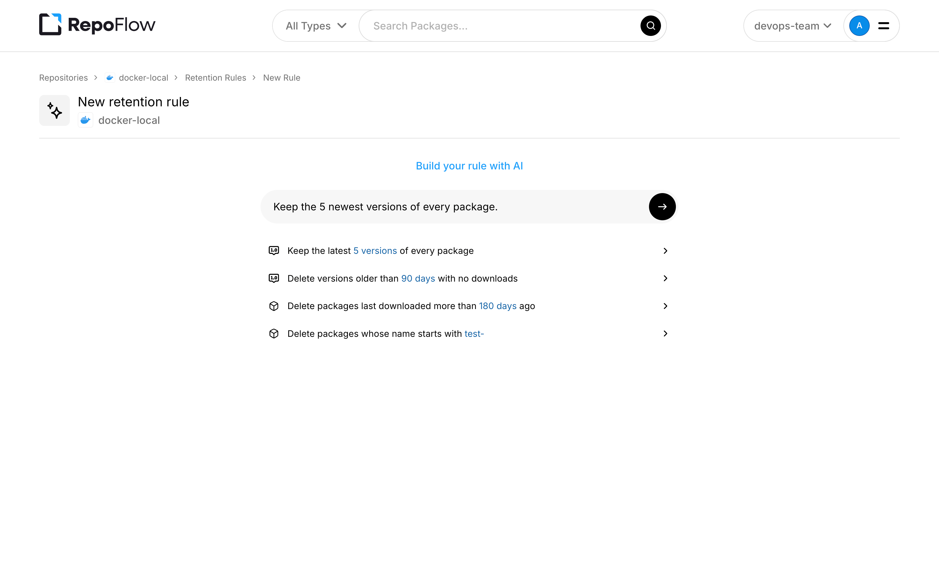 RepoFlow AI retention rule builder with a prompt to keep the five newest versions of every package