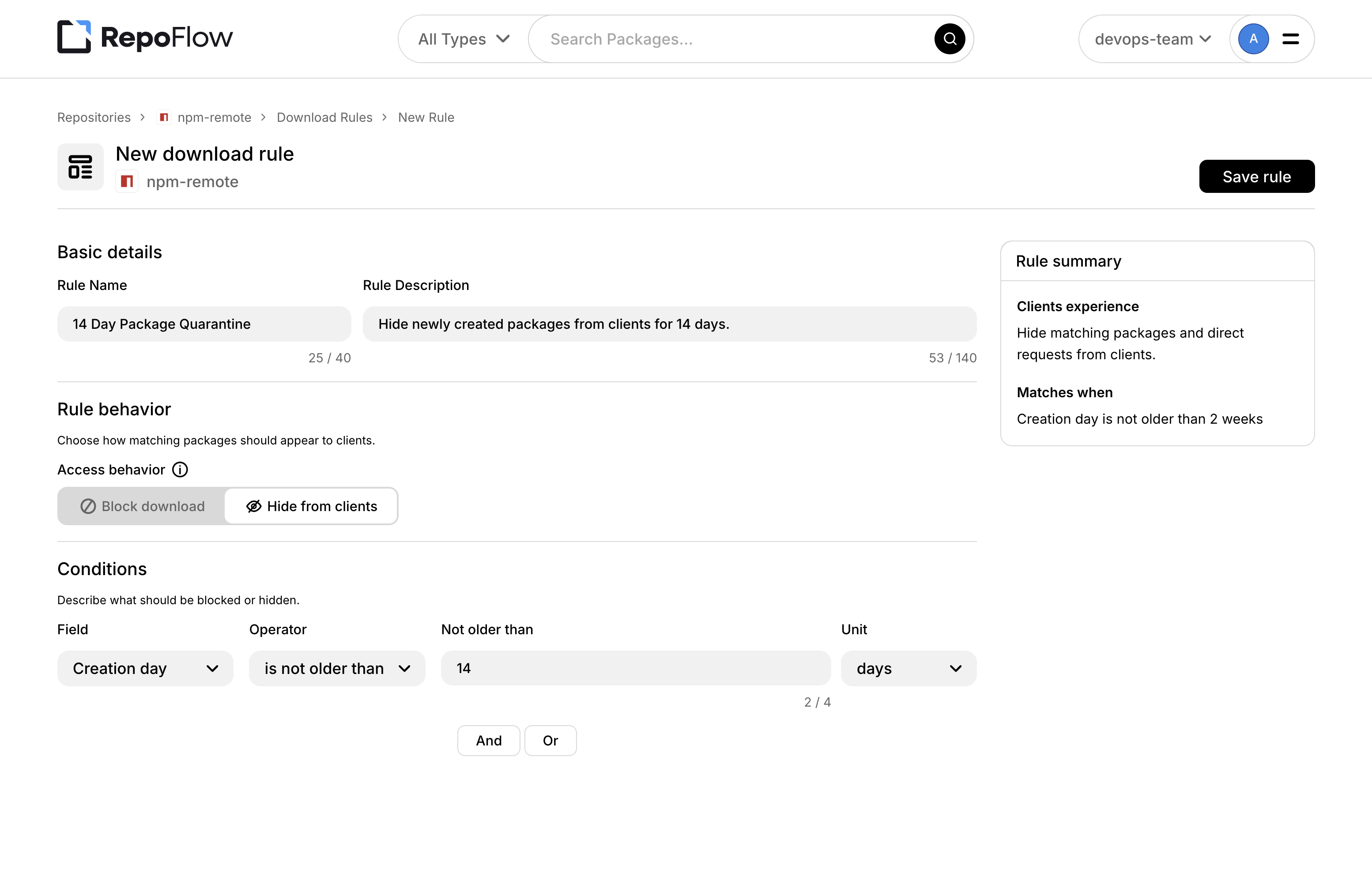 RepoFlow download rule builder showing a package quarantine policy