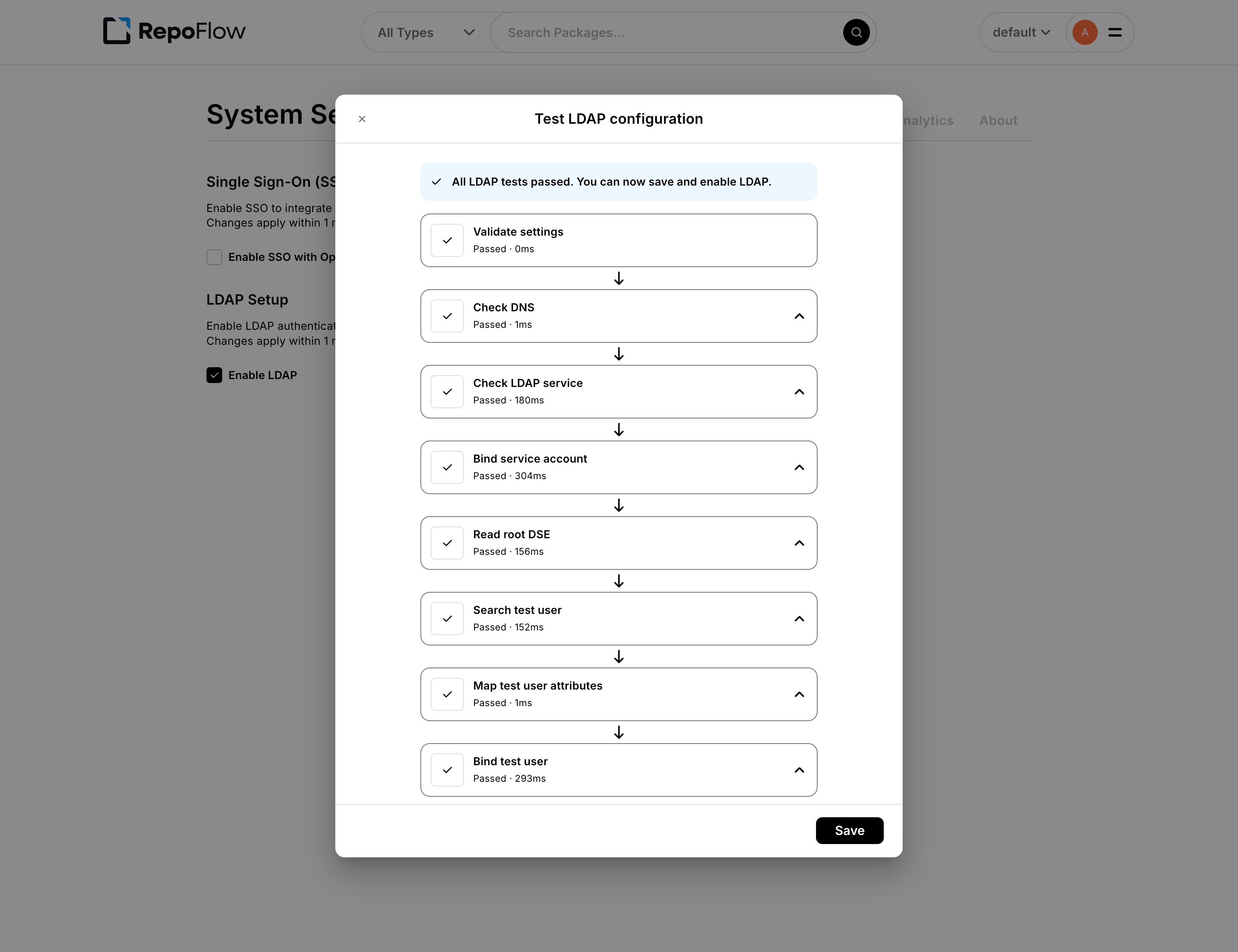 LDAP configuration test flow showing all checks passed