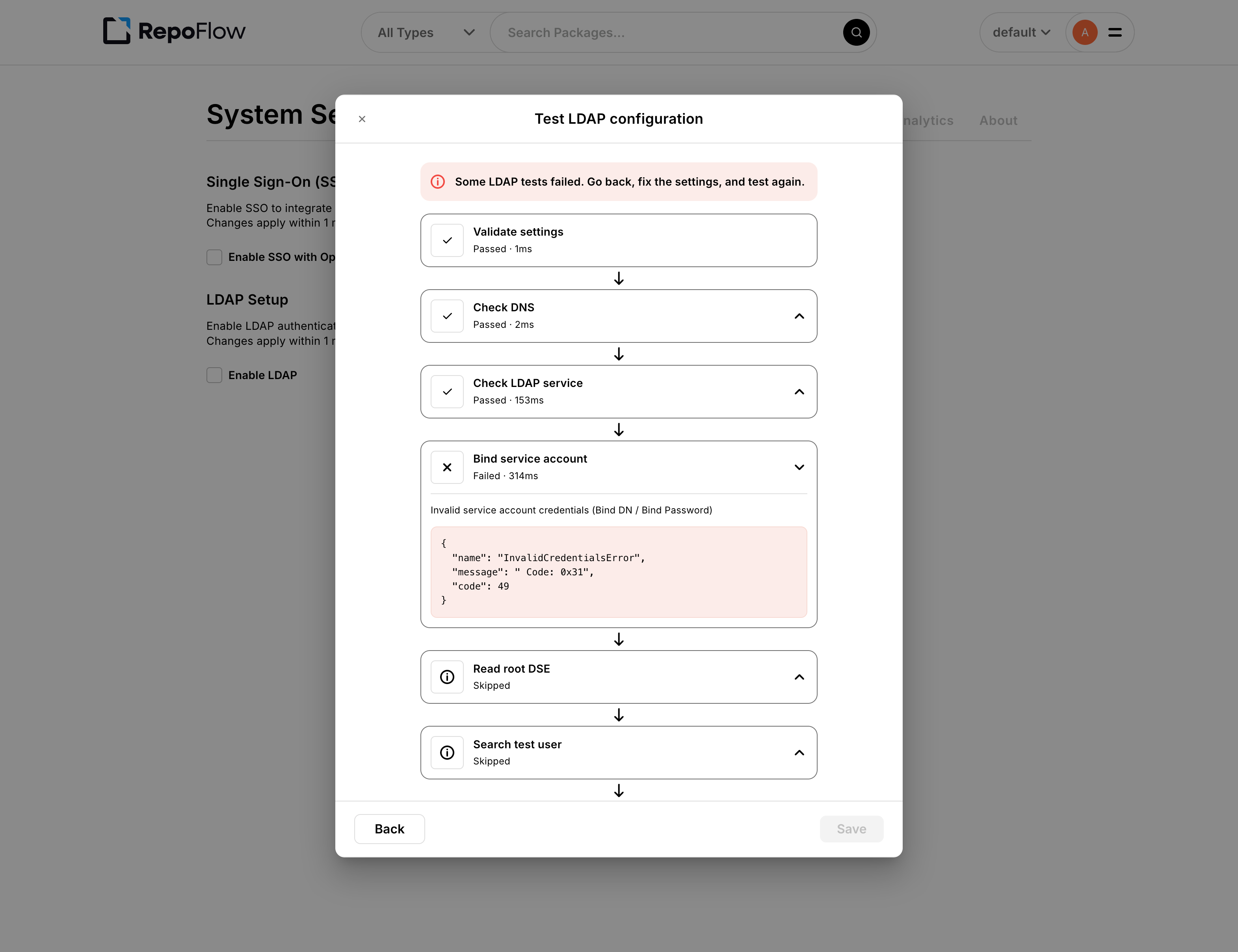 LDAP configuration test flow showing a bind failure and skipped downstream steps