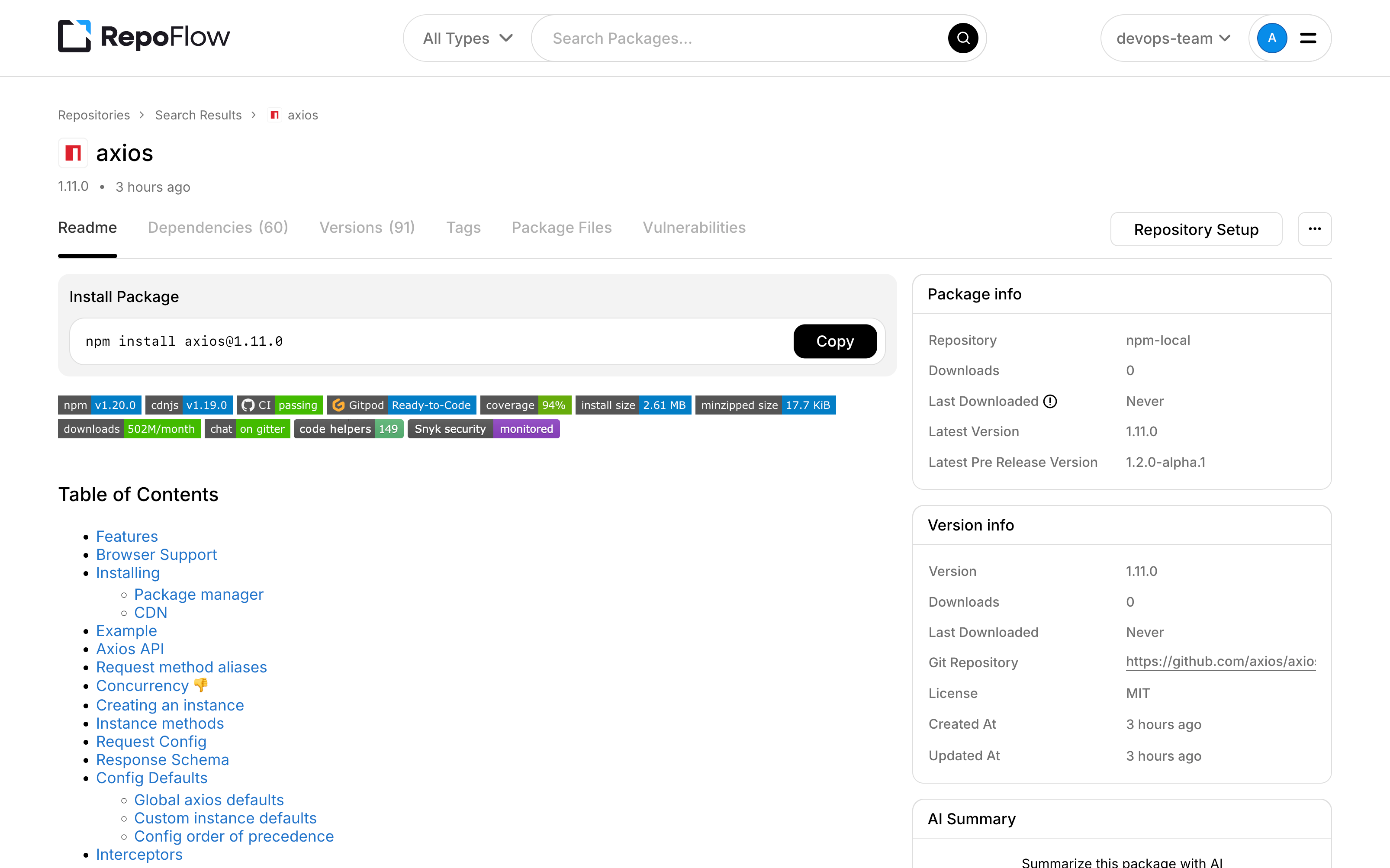 RepoFlow npm package page showing the README, install command, and package and version information