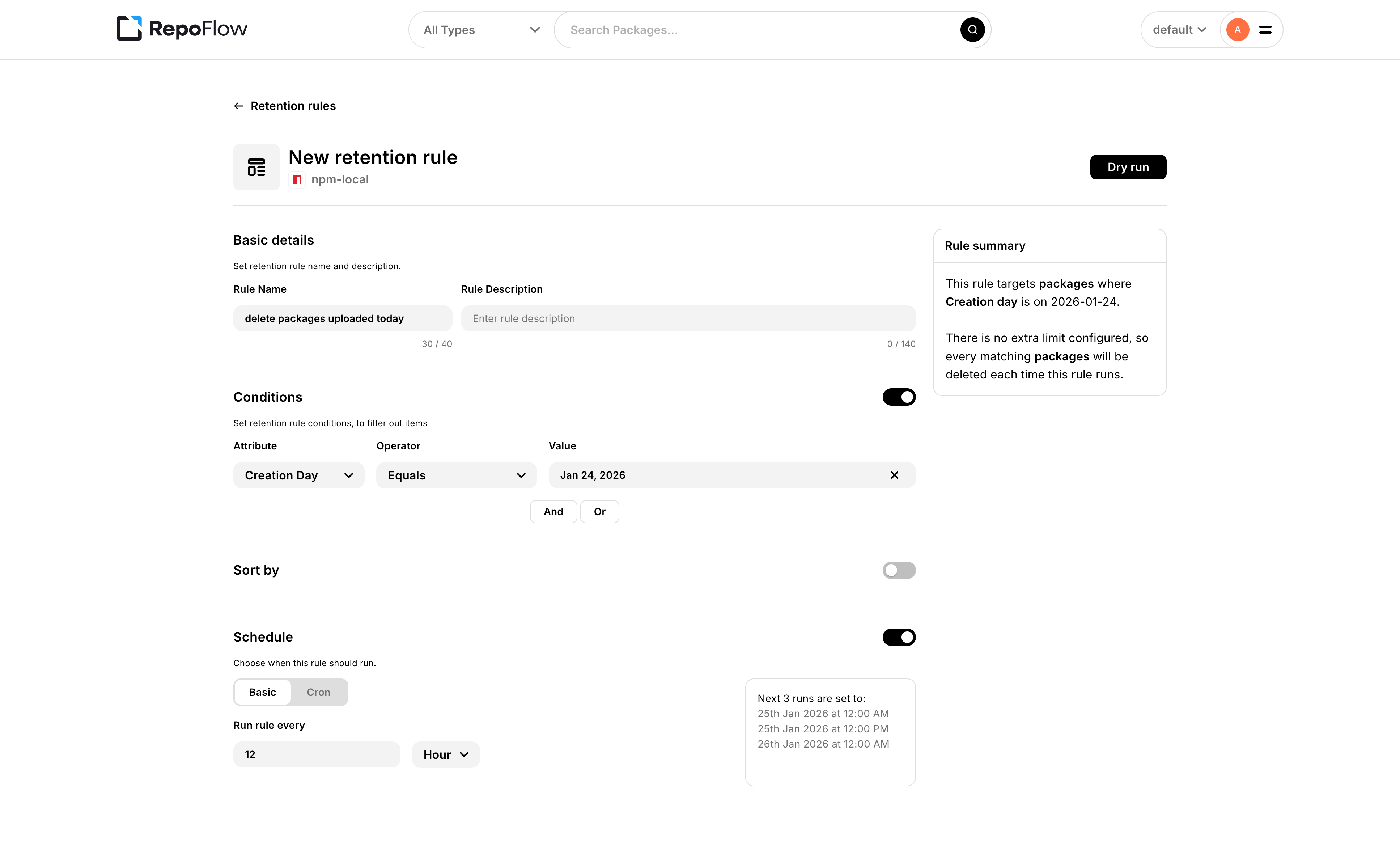 Retention rules builder UI