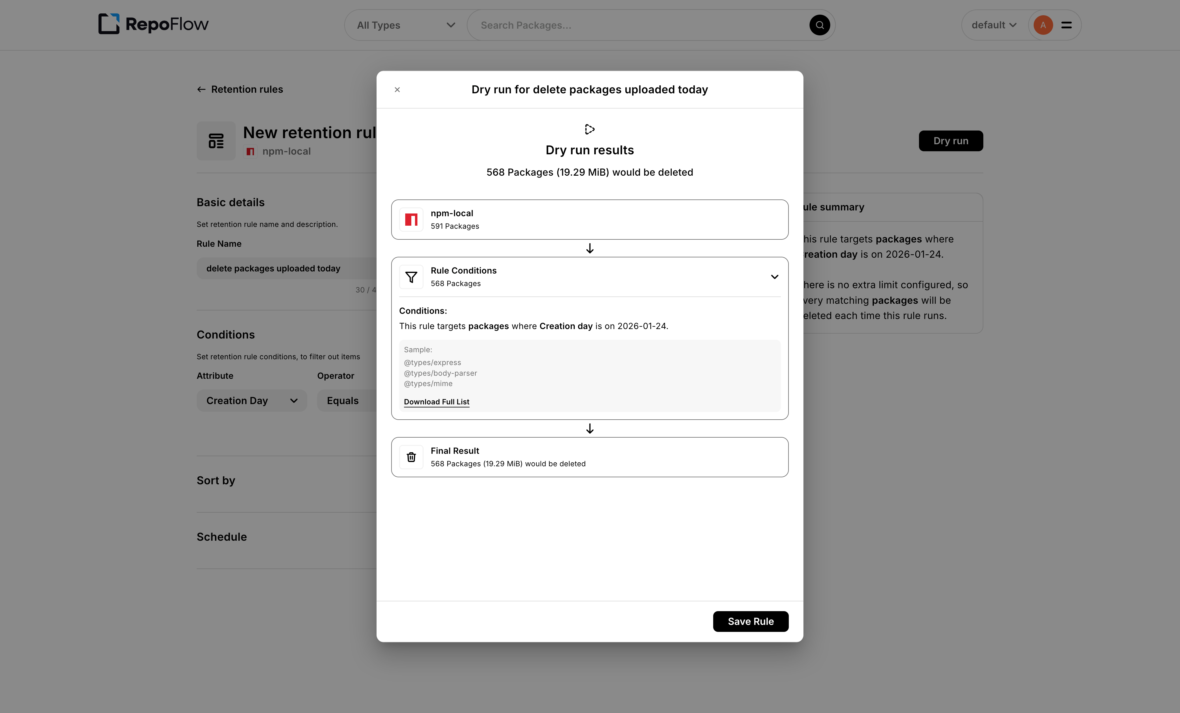 Retention rule dry run results