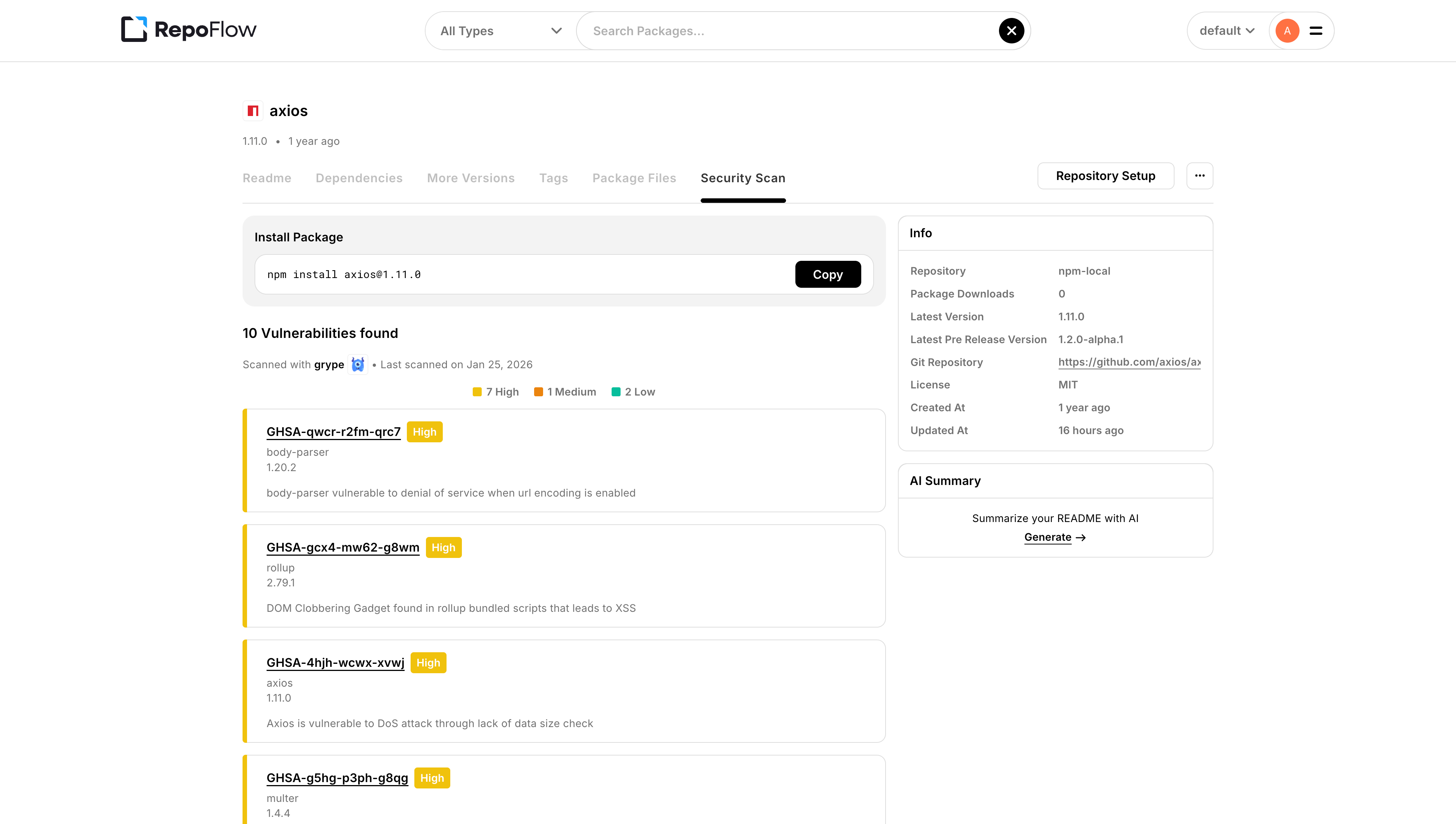 Vulnerability scanning results for an npm package