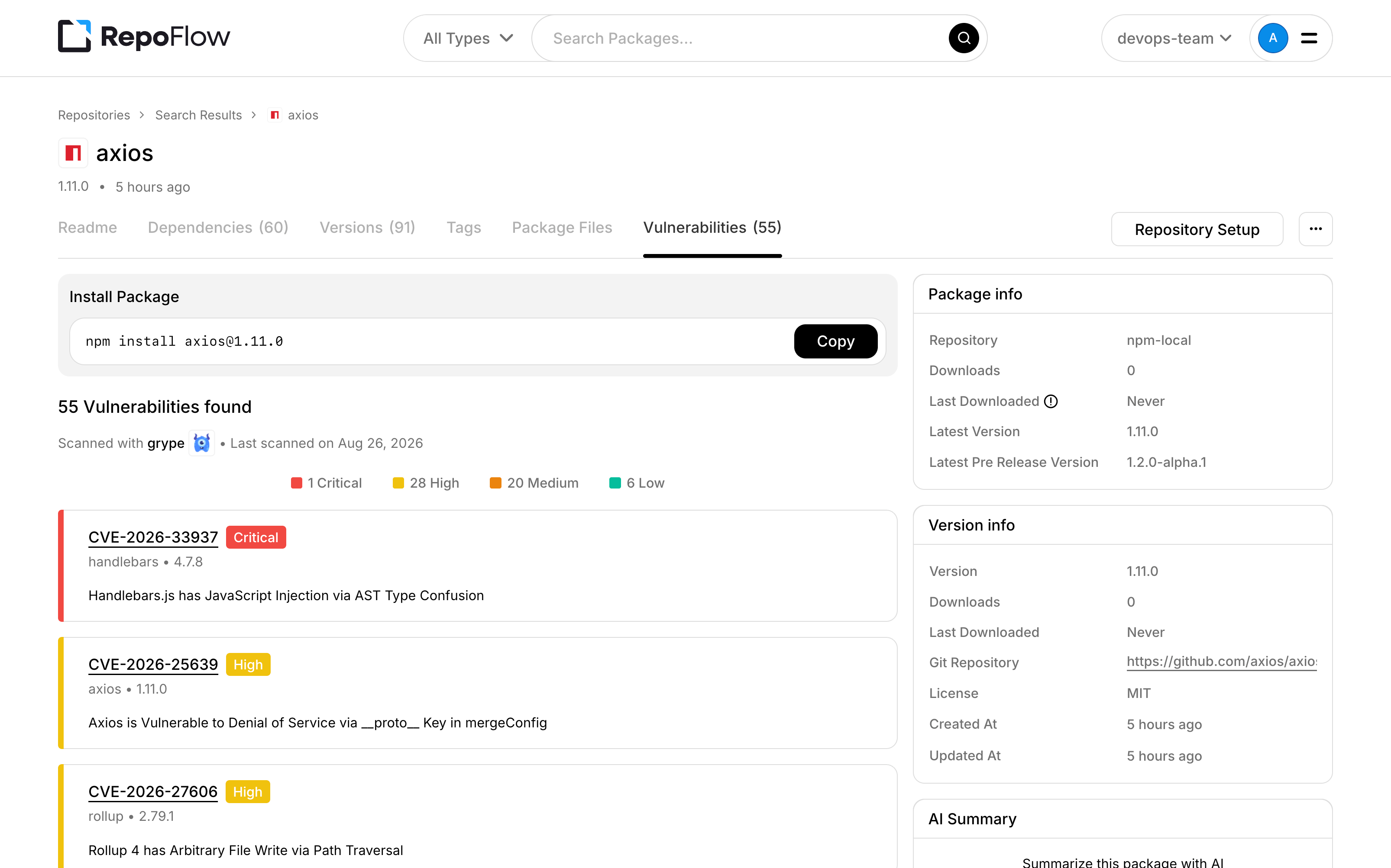 RepoFlow npm package page showing vulnerability severity totals and detected CVEs